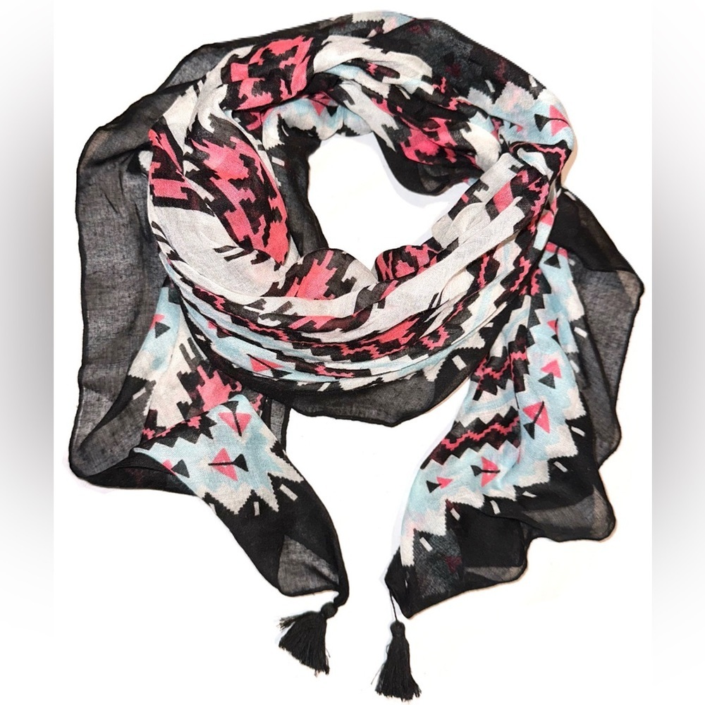 Aztec print black & pink scarf with tassels